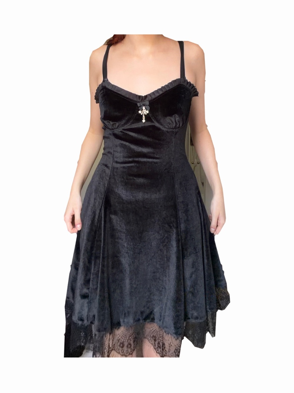 Cross Black Velvet Lace-Trim Slip Dress